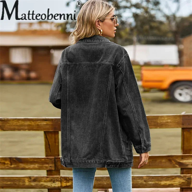 Vintage Denim Jacket Women Autumn Winter Loose Lapel Single-breasted Cardigan Coat Ladies Fashion Casual Commuter Outerwear 2024