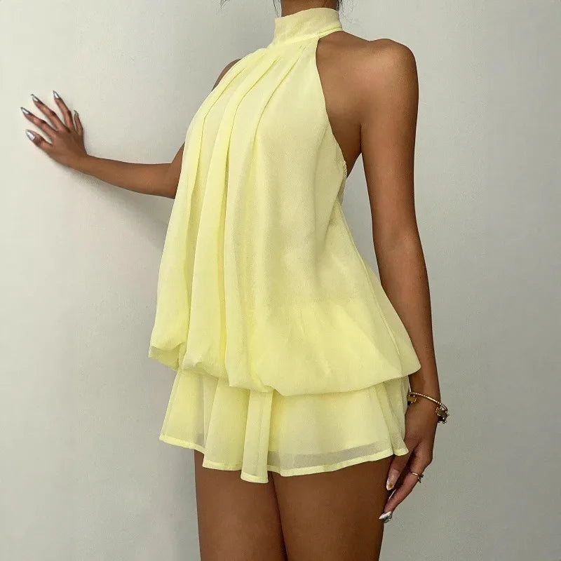 2026 Women's Elegant Halter Neck Sleeveless Ruffled Layered Chiffon Mini Dress Casual Summer Party Dress for Beach Vacation Y2K