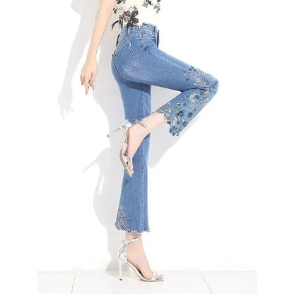2025 Spring/Summer New Thin Embroidered Jeans Women's Stretch Embroidered Nine Part Pants Retro Versatile Micro Bellbottom Pants