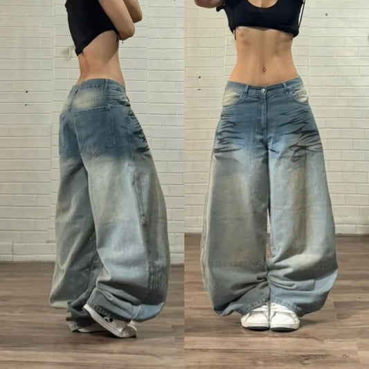American Vintage Hip Hop New Blue Washed Pattern Printed Baggy Jeans Female