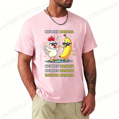 Unisex Chicken Banana Meme T Shirt Funny Cartoon Chicken Banana with Sunglasses Graphic Tee Music Short Sleeve Oversized Tops