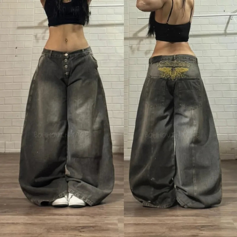 2026 American New Fashion Star Pattern Embroidery Old Jeans Women Y2K Gothic Hip-hop Casual Joker Straight Wide-leg Trousers
