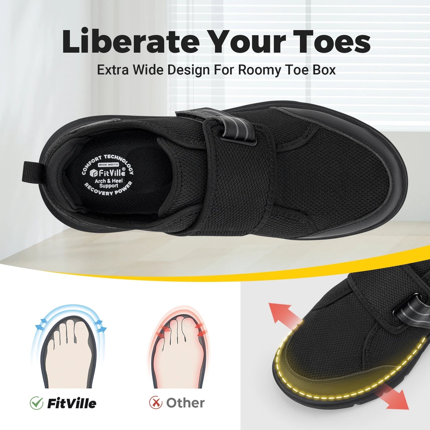 FitVille Diabetic Shoes for Men Extra Wide Hook and Loop Walking Shoes for Elderly for Swollen Feet Foot Pain Relief Neuropathy