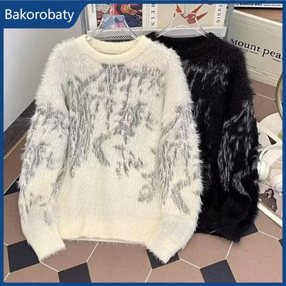 New Gothic Jacquard Crewneck Knitted Sweater For Man Retro Fluffy Warm Long Sleeve Pullovers Jumpers Y2K Streetwear Knitwear