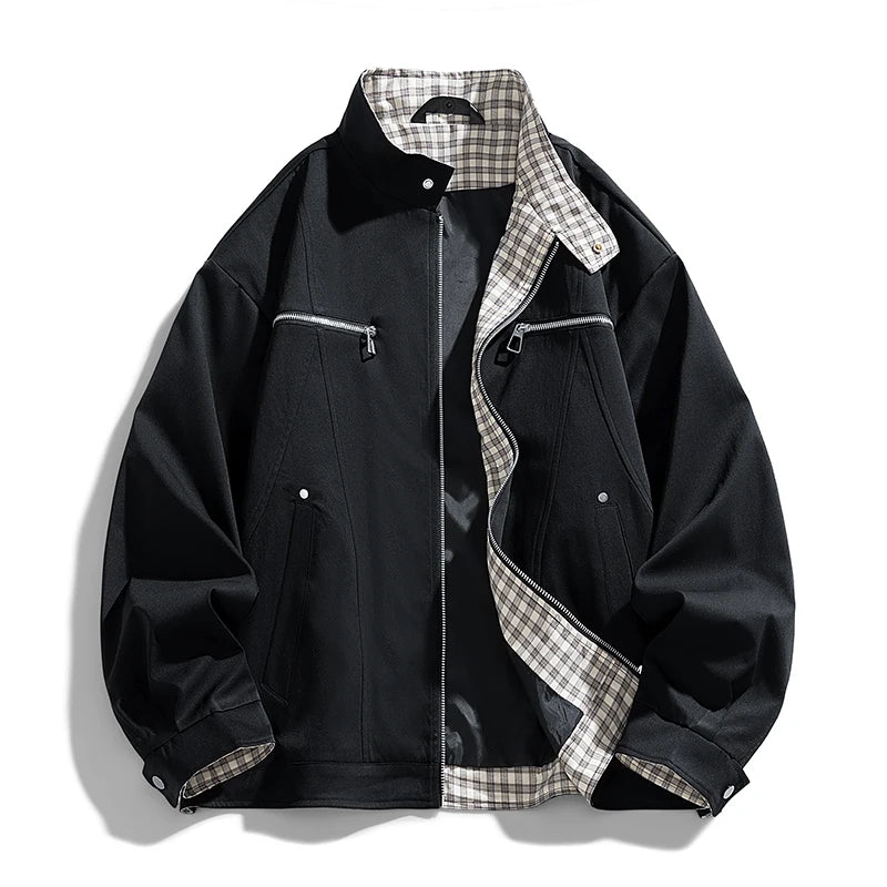Men's Stand-Collar Casual Jacket – Solid Color Loose Fit Zip-Up Windbreaker with Plaid Lining Streetwear Outerwear