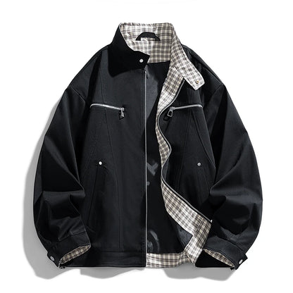 Men's Stand-Collar Casual Jacket – Solid Color Loose Fit Zip-Up Windbreaker with Plaid Lining Streetwear Outerwear