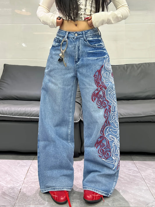 American Retro Two-Color Embroidered Wide-Leg Women's High-Waisted Jeans - Fashionable Design, Straight-Leg Loose Slimming Wide-Leg Floor-Length Trousers