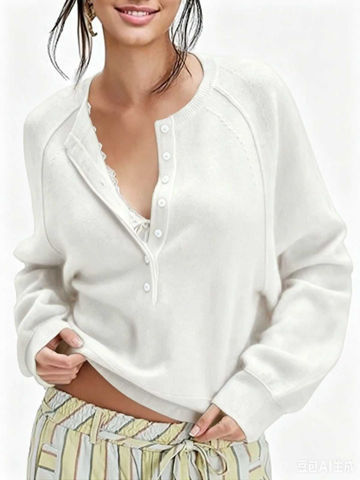 Women's Long-Sleeve Knitted Sweater, Half-Button Design, Henley Collar, Casual Style, lightweight Material, Solid Color Pullover Knitwear.