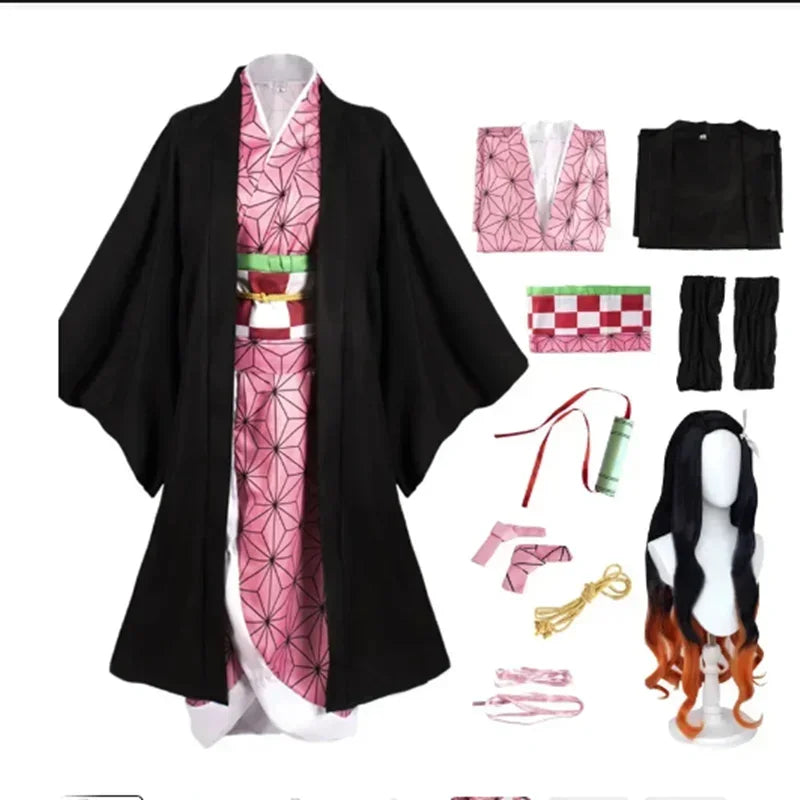 Anime Nezuko Cosplay Kamado Nezuko Cosplay Costume Nezuko Wig Uniform with Props for Adult