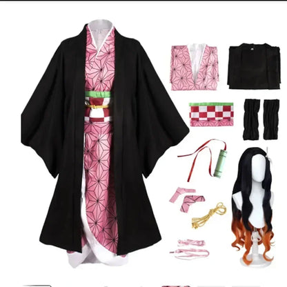 Anime Nezuko Cosplay Kamado Nezuko Cosplay Costume Nezuko Wig Uniform with Props for Adult