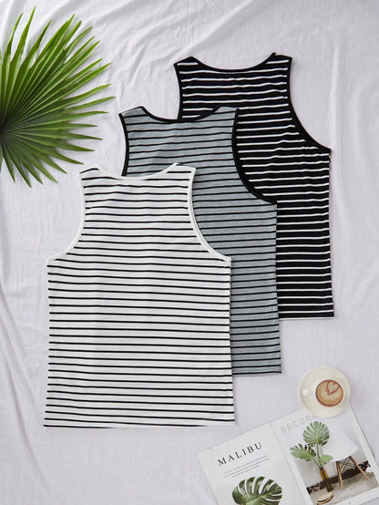 3pcs Men's Striped Sleeveless Tank Top Summer Casual Vest Set