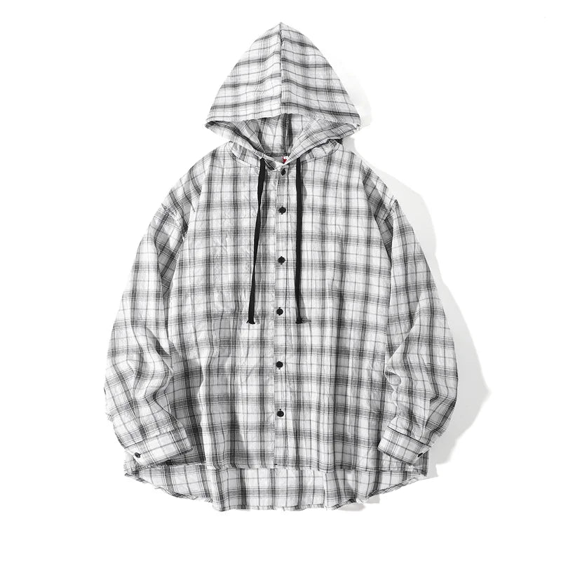 Unisex Oversized Hooded Flannel Style Plaid Mens Shirt Jacket Long Sleeve Button Down Casual Lightweight Jacket for Spring Fall
