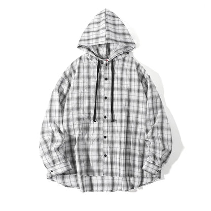 Unisex Oversized Hooded Flannel Style Plaid Mens Shirt Jacket Long Sleeve Button Down Casual Lightweight Jacket for Spring Fall