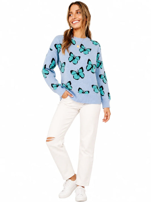 3D Flocking Butterfly Print Knit Sweater for Women Round Neck Drop Shoulder Long Sleeve Loose Pullover Casual Jumper Fall Winter Fashion Streetwear Tops