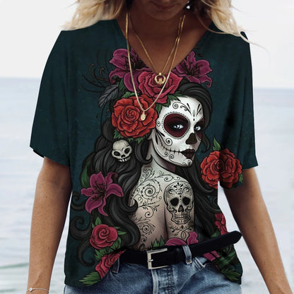 Skulls T-shirt Women's Shirt Fashion Short Sleeve New Casual Top Tee Ladies Girl Clothing V Neck T Shirt For Women