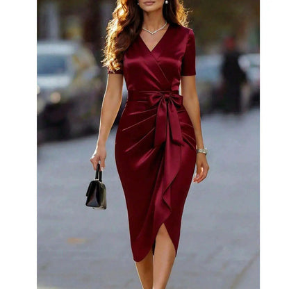 V-neck Shoulder Slimming Bow Irregular Mid Length Short Sleeve Dress