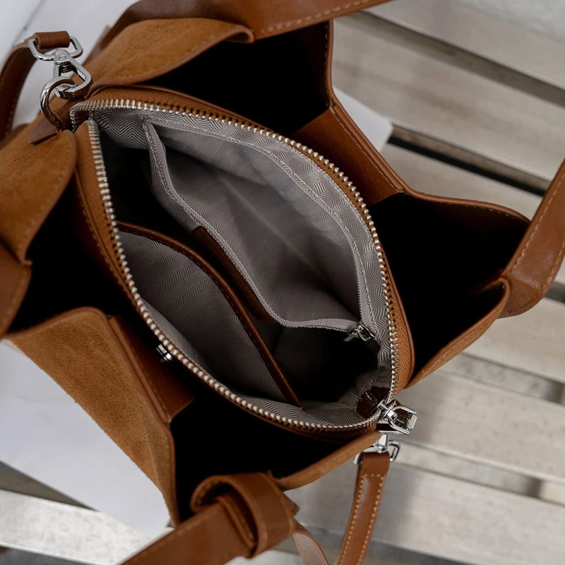 HIFASHION Luxury Genuine Leather Suede Bucket Bag For Women Vintage Top Handle Handbags Office Work Shoulder Crossbody Purses