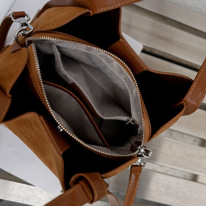HIFASHION Luxury Genuine Leather Suede Bucket Bag For Women Vintage Top Handle Handbags Office Work Shoulder Crossbody Purses