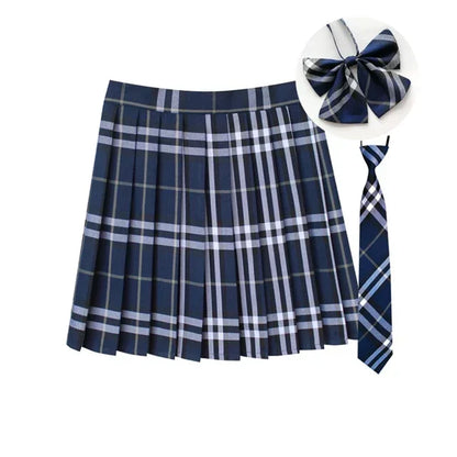 Women Summer Plaid Pleated Skirt With Necktie Bowtie Korean Jk Skirt Uniform Japanese School Preppy A Line Mini Skirts