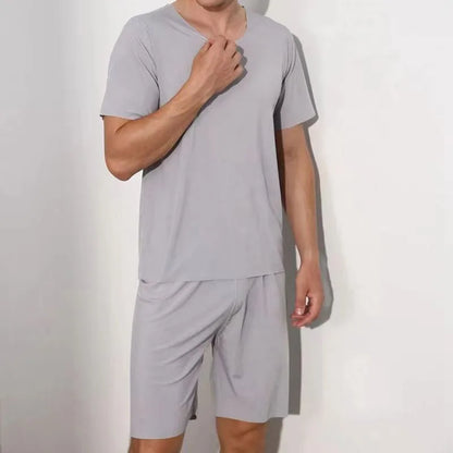 Men's Two-Piece Summer Thin Section Senior Ice Silk Feeling Round Neck Solid Color Short Sleeve Suit Sports Casual Homewear