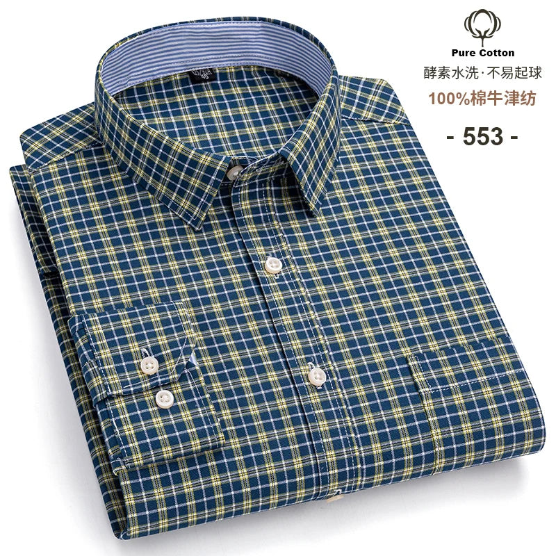 Men's Social Shirts Long Sleeve 100%Pure Cotton Oxford Buttoned Plaid Formal Male Casual Clothes Oversized Shirt Plus Size S-7XL