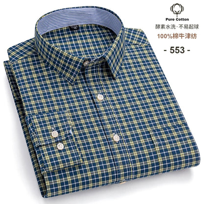 Men's Social Shirts Long Sleeve 100%Pure Cotton Oxford Buttoned Plaid Formal Male Casual Clothes Oversized Shirt Plus Size S-7XL