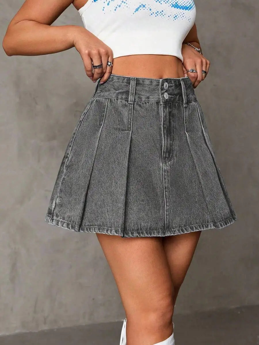 High Waist Pleated Denim Mini Skirt with Button Closure