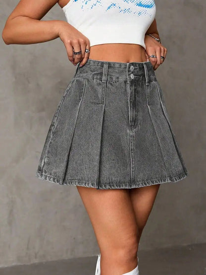 High Waist Pleated Denim Mini Skirt with Button Closure