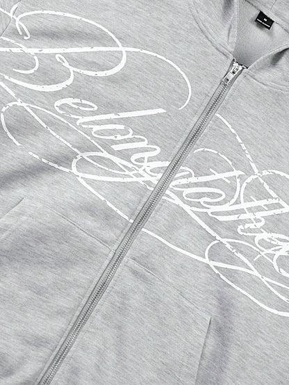 Autumn Streetwear Cropped Zip Up Hoodie Men Letter Graphic Print Front Pocket Oversized Loose Sweatshirt Casual Daily Wear 2026
