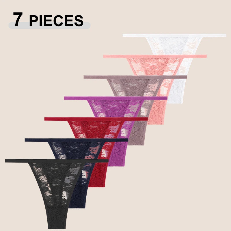 7Pcs/Set Women's Sexy Lace Transparents G-Strings Underwear Summer Solid Color Lace Floral Thongs Female Low Waist Sexy Lingerie