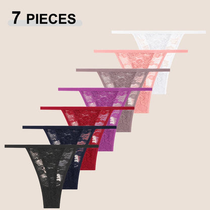 7Pcs/Set Women's Sexy Lace Transparents G-Strings Underwear Summer Solid Color Lace Floral Thongs Female Low Waist Sexy Lingerie