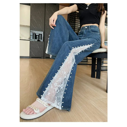 Tennis Lace Pearl Wide Leg Jeans for Women2025New summer thin style fashionable loose hollow straight-leg pants