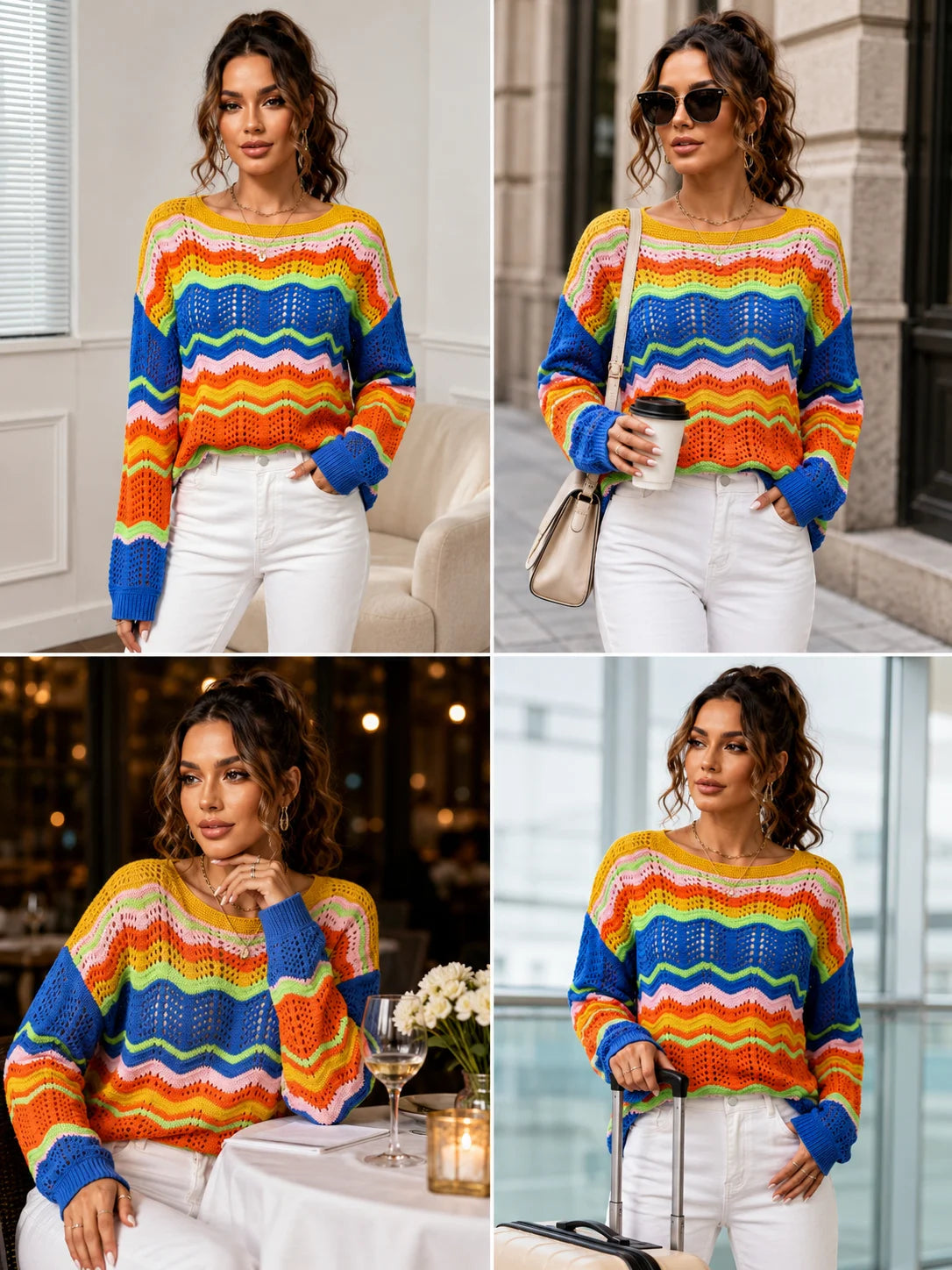 Colorful Wave Stripe Crochet Knit Sweater for Women, Hollow Out Long Sleeve Crewneck Loose Pullover Top, Y2K Retro Bohemian Sweater
