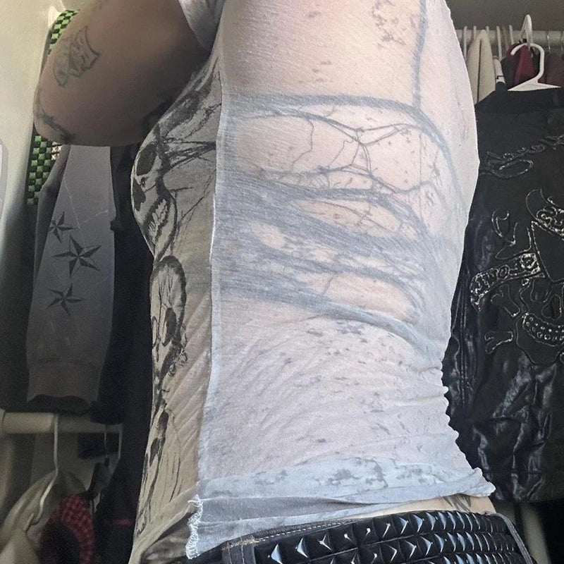 Graphic Tie Dye V Neck Crop Tops Y2K E-girl Gothic Grunge Skull Print Tshirt 2000s Retro Emo Short Sleeve Slim Fit Tees Clothes