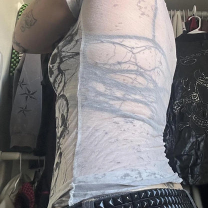 Graphic Tie Dye V Neck Crop Tops Y2K E-girl Gothic Grunge Skull Print Tshirt 2000s Retro Emo Short Sleeve Slim Fit Tees Clothes