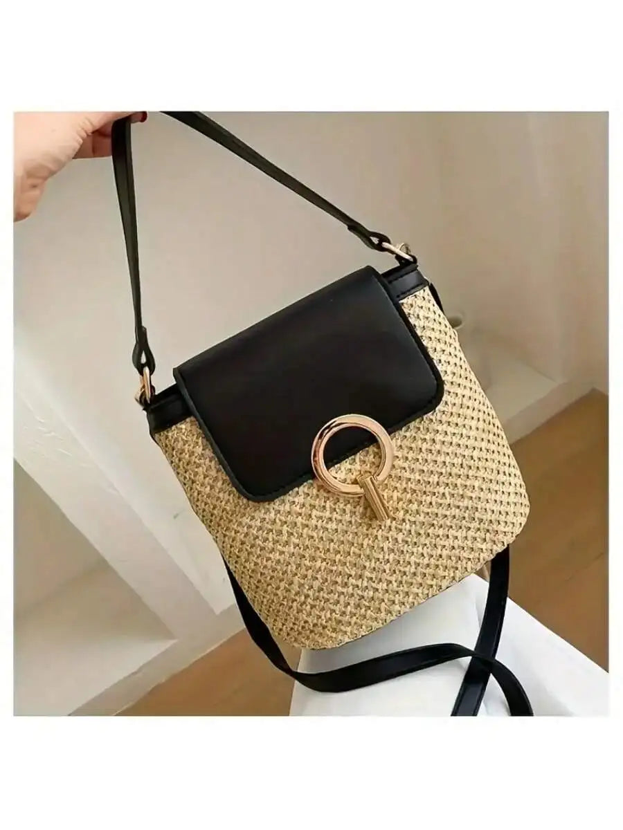 Woven Beach Crossbody Bag, Multi-Functional Adjustable Shoulder Strap, Golden Lock