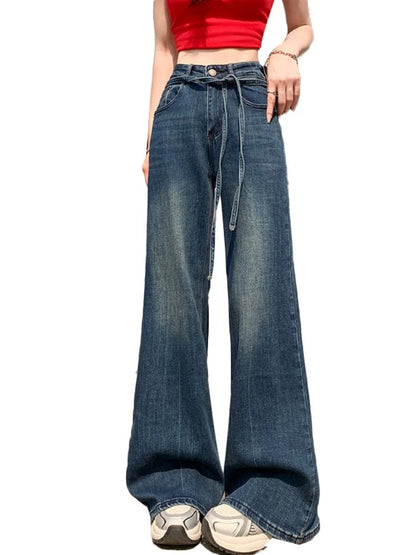 2026 Spring Summer New Women's High Quality Stretchy Jeans High Waist Drawstring Loose Floor-Length Flared Pants