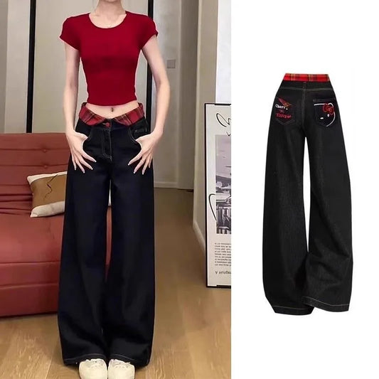 2025 New Long Jeans Sweet American Hot Girls Embroidered Jeans Cute Women's Black Straight High Waist Wide Legs