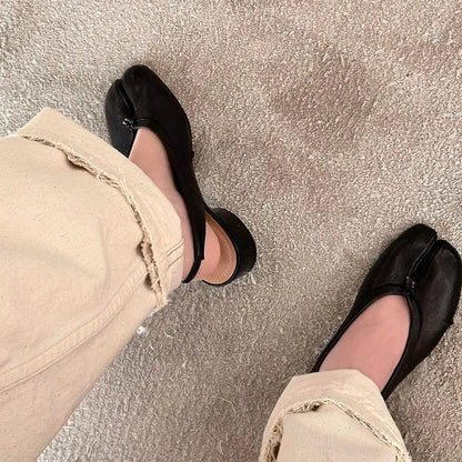 2025 Spring Summer Fashion Soft Leather Split Toe Women Pumps Casual Comfortable 3.5cm Low Heeled Slingbacks Tabi Ballet Shoes