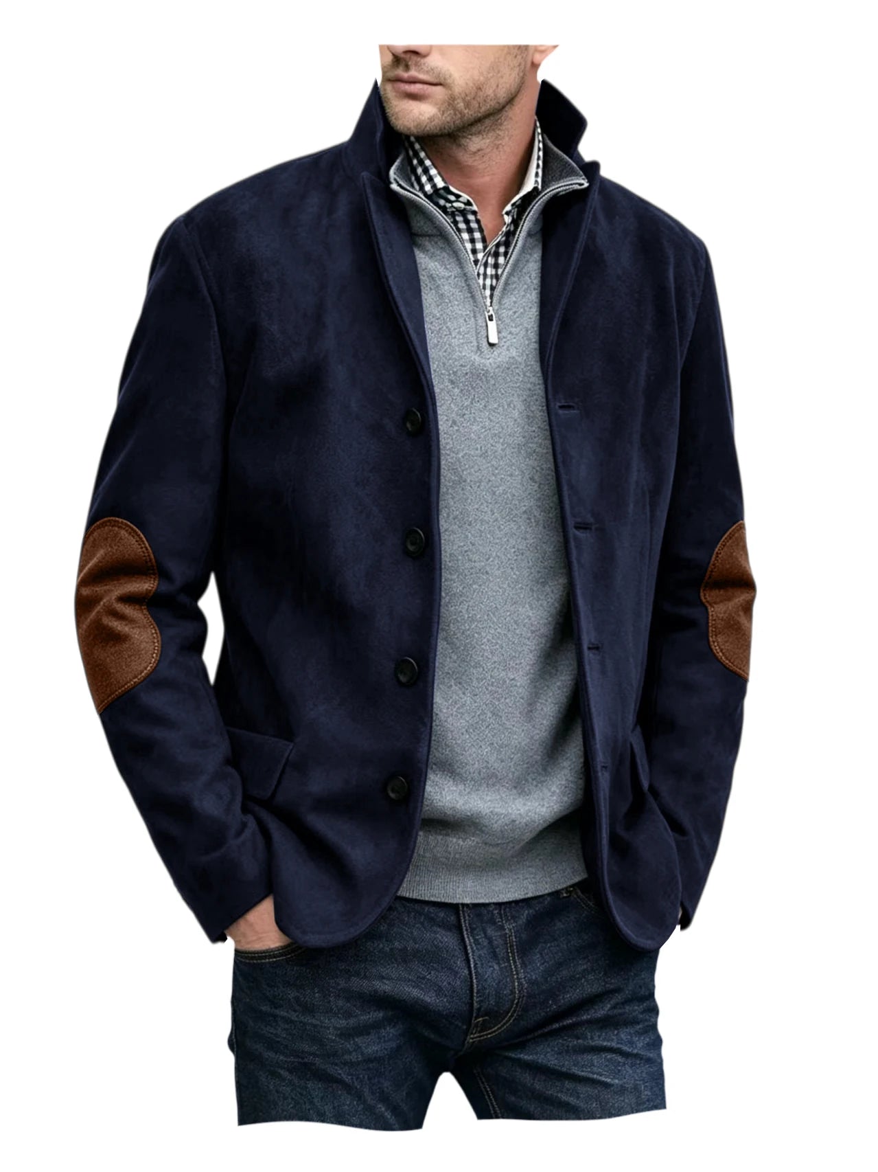 Vintage Men's Suede Blazer Notch Lapel Elbow Patches Slim Fit Jacket Business Casual Men Fashion Outerwear for Spring Autumn