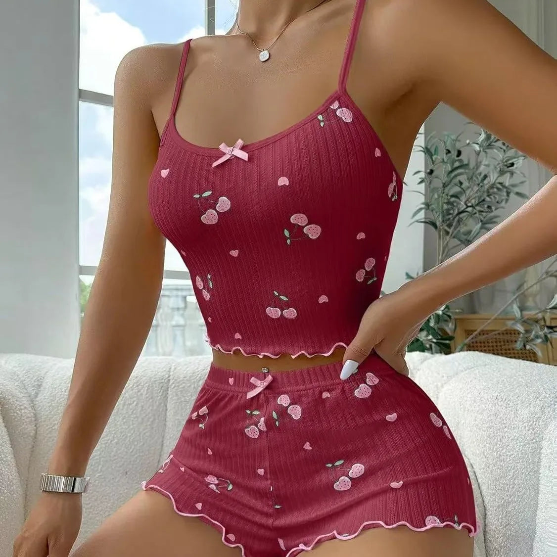 Heart Print 2 Pieces Pajama Set for Women Sleepwear Round Neck Backless Comfortable Crop Cami Top & Shorts, Summer Loungewear