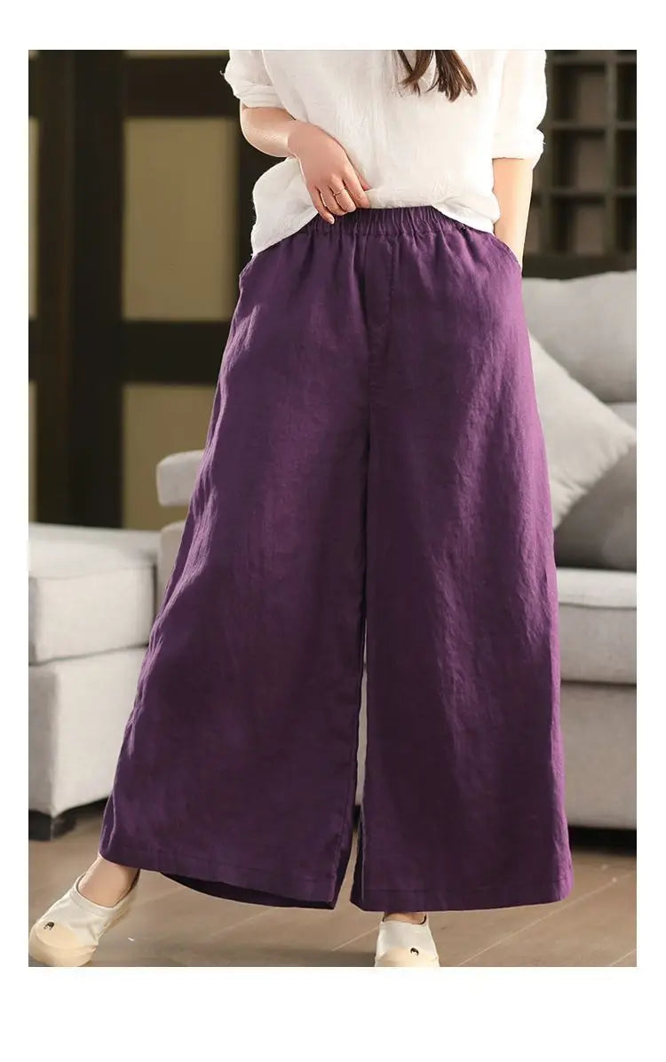 Plus Size Women's Casual Retro Elastic Waist Wide Leg Women's Clothing Cotton Linen Comfortable Office Lady