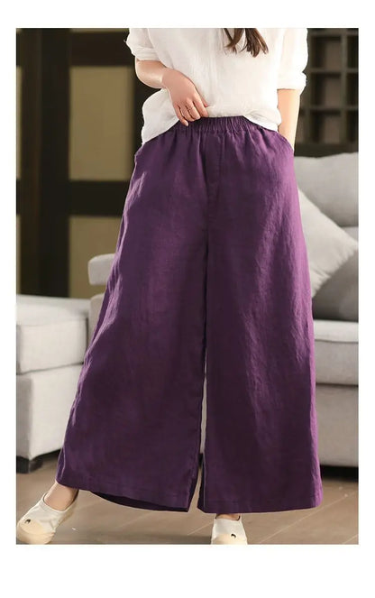 Plus Size Women's Casual Retro Elastic Waist Wide Leg Women's Clothing Cotton Linen Comfortable Office Lady