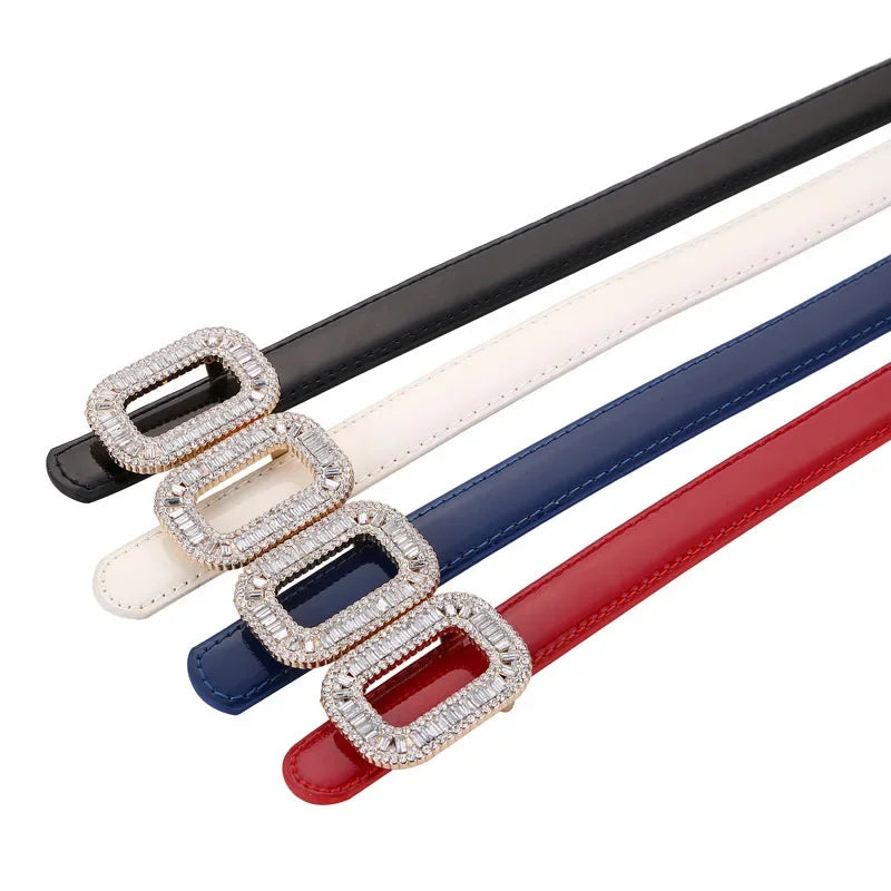 Rhinestone Buckle Women's Cowhide Belt Fashion Trend Luxury Design Jeans Accessories Gothic Retro Punk Leather Thin Waistband