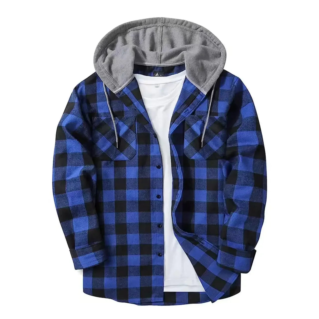 2026 Men's Flannel Shirt Jackets Classic Plaid Loose Casual Hooded Coats Double Pockets Button-up