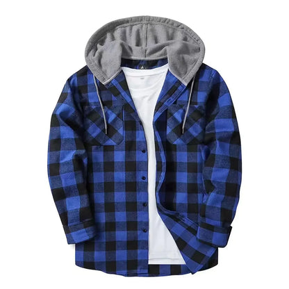2026 Men's Flannel Shirt Jackets Classic Plaid Loose Casual Hooded Coats Double Pockets Button-up