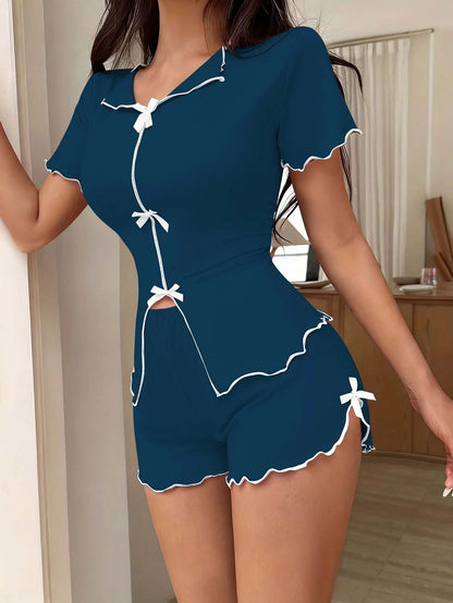 Women's Sweet Pajamas Set Bow Short Sleeve Top And Shorts Sleepwear 2 Piece Set For Women Summer Casual Elastic Homewear
