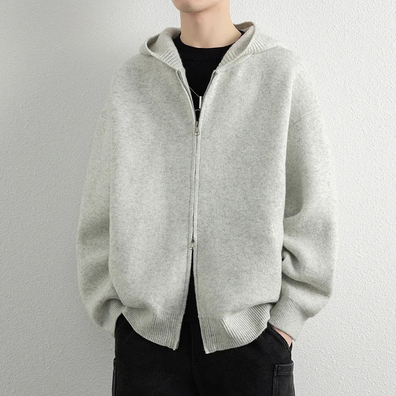 Legible Autumn Winter Casual Sweaters Men Solid Color Hooded Sweatercoats Male Loose Zip-up Knitted Cardigan Man
