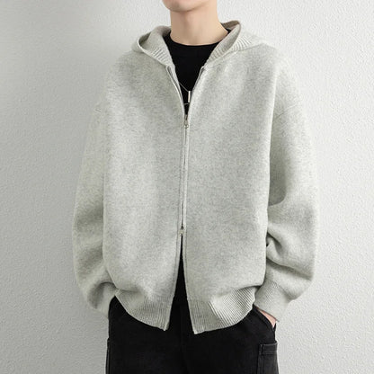 Legible Autumn Winter Casual Sweaters Men Solid Color Hooded Sweatercoats Male Loose Zip-up Knitted Cardigan Man