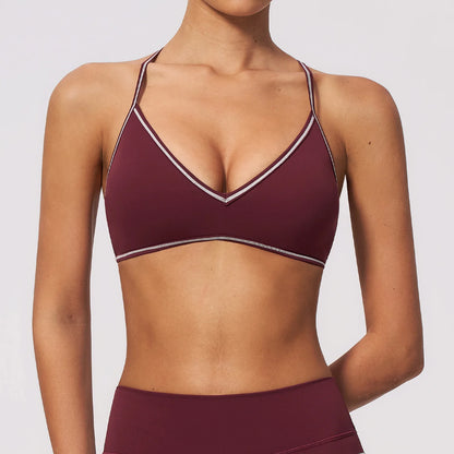 Women Deep V Neck Sports Bra with Contrast Piping Y Back Racerback Padded Gym Workout Yoga Bras Female Activewear Push Up Top